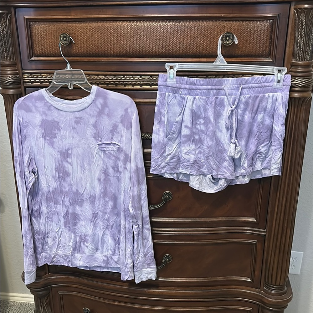 Lavender Tie-Dye Loungewear Set - Long Sleeve Top & Shorts